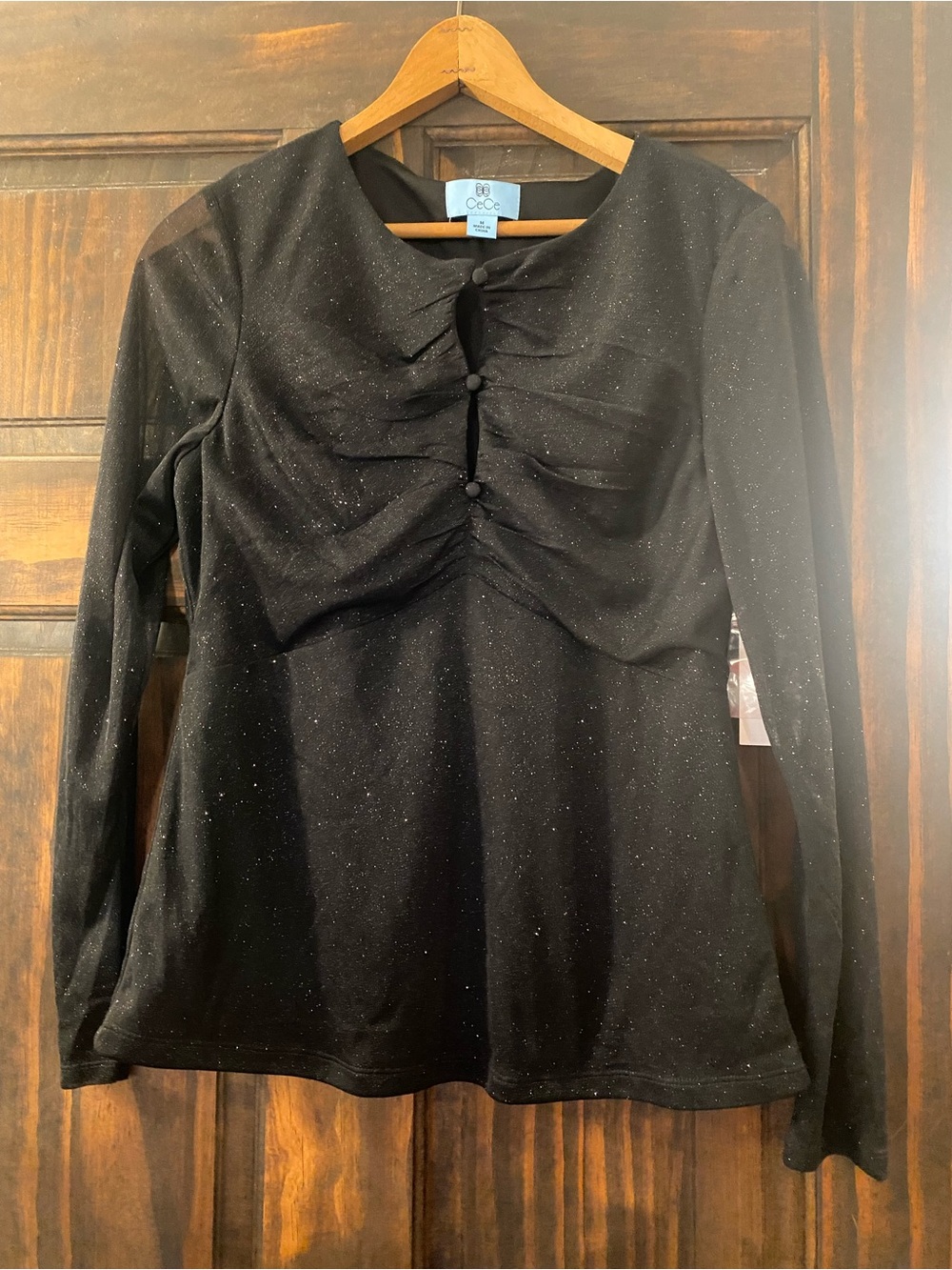 CeCe Black Sparkle Ruched Front Long Sleeve Top